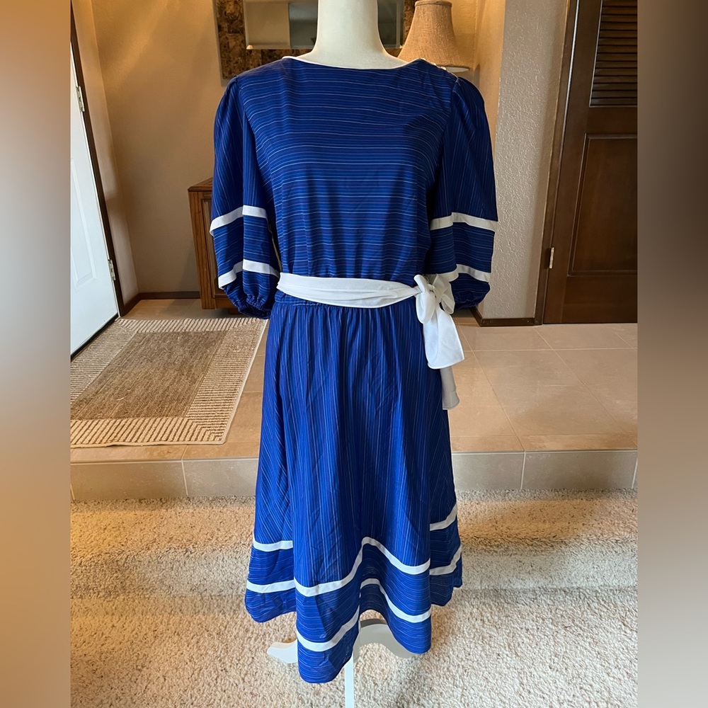 Vintage 70’s 80’s Just Ducky Blue White Striped Midi Dress 18 L XL
